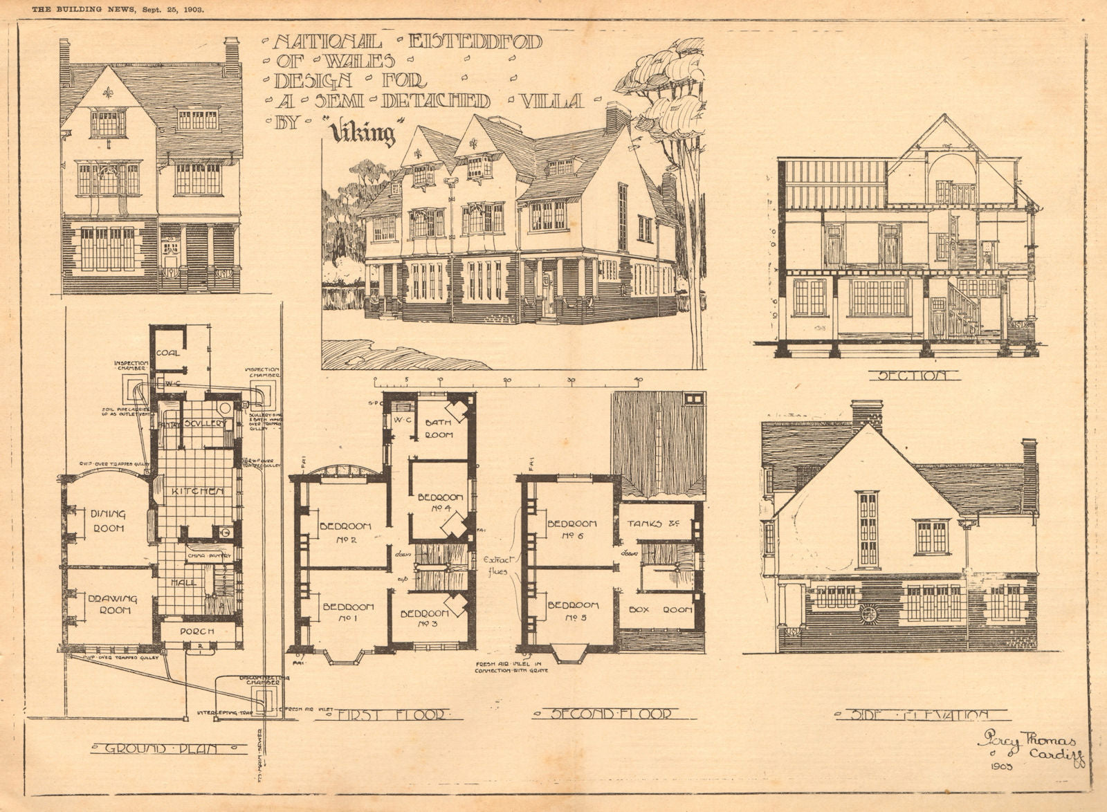 Welsh National Eisteddfod Semi-detached villa. Viking Percy Thomas, Cardiff 1903